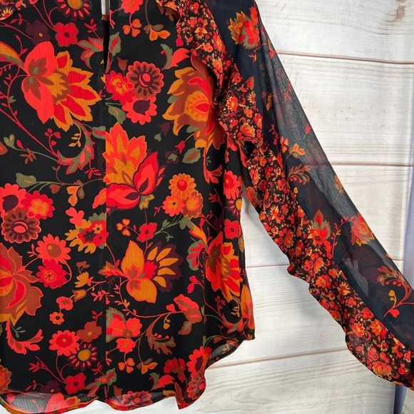 LOFT Floral Print Long Sleeve Semi Sheer Ruffle Top Size Small Blue Red - Picture 11 of 14